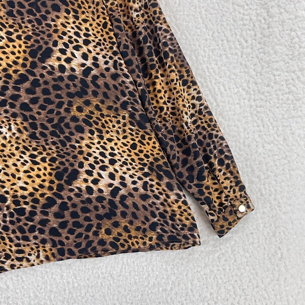 Ann Taylor Factory Brown Animal Print Shirt Womens Long Sleeve High Neck Size MP - Picture 14 of 15